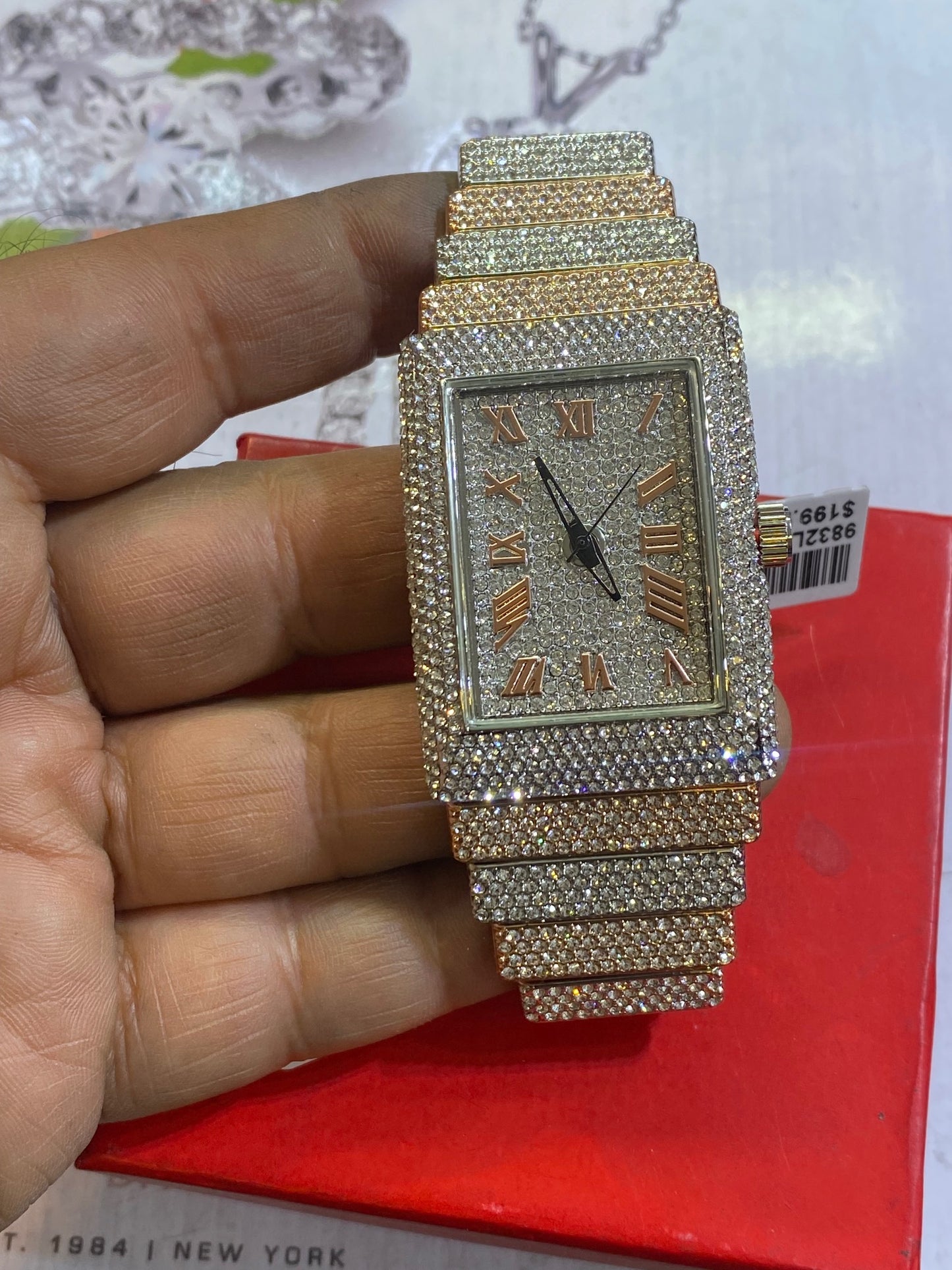 Men Rectangle Big Face Iced up Bezel CZ white/rose tone bling hip hop Watch