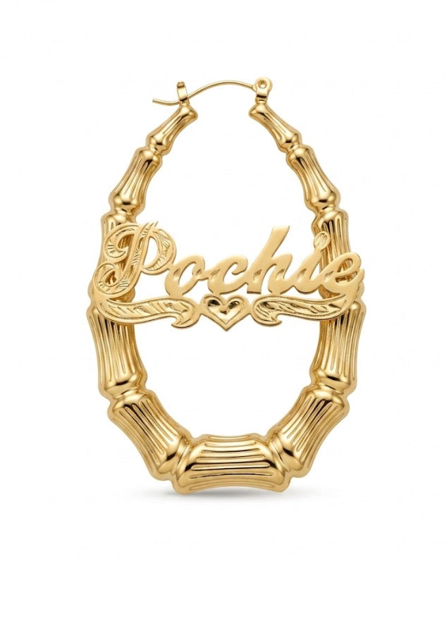 Personalized Oval Bamboo Name Earrings – Custom Name Oval Hoop Earrings Unique Gold Hoops