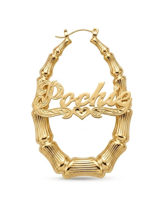 Personalized Oval Bamboo Name Earrings – Custom Name Oval Hoop Earrings Unique Gold Hoops