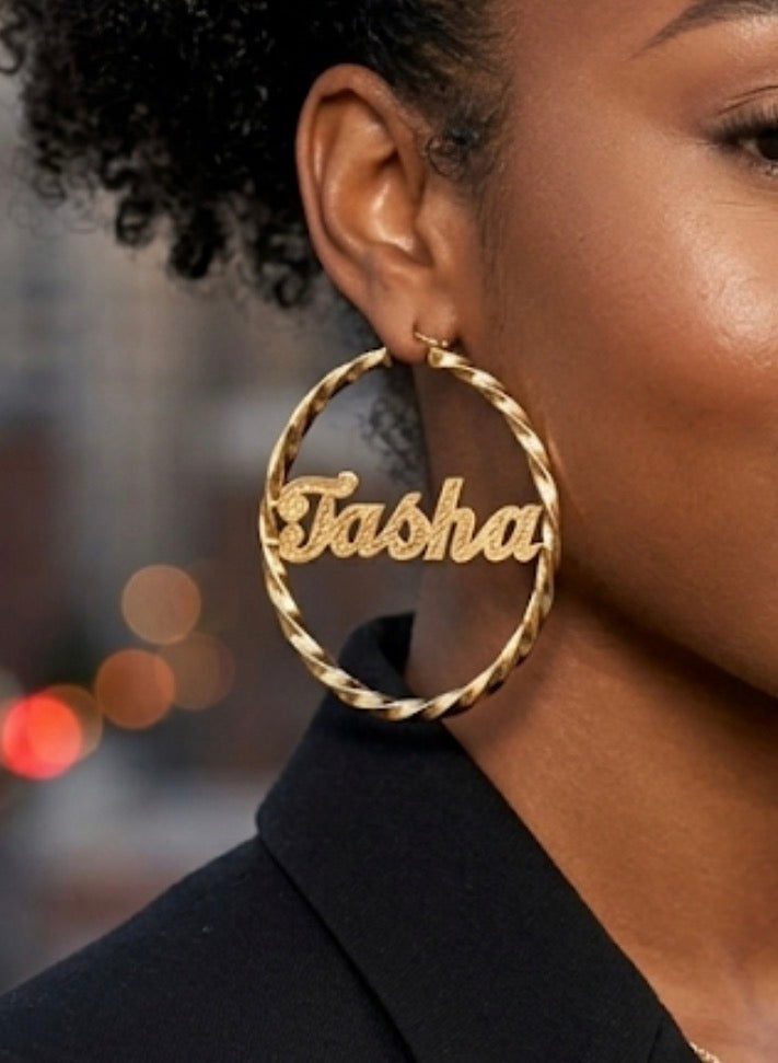 Personalized Thin Twisty Name Hoop Earrings – Custom Name Hoop Earrings (3 Inch)