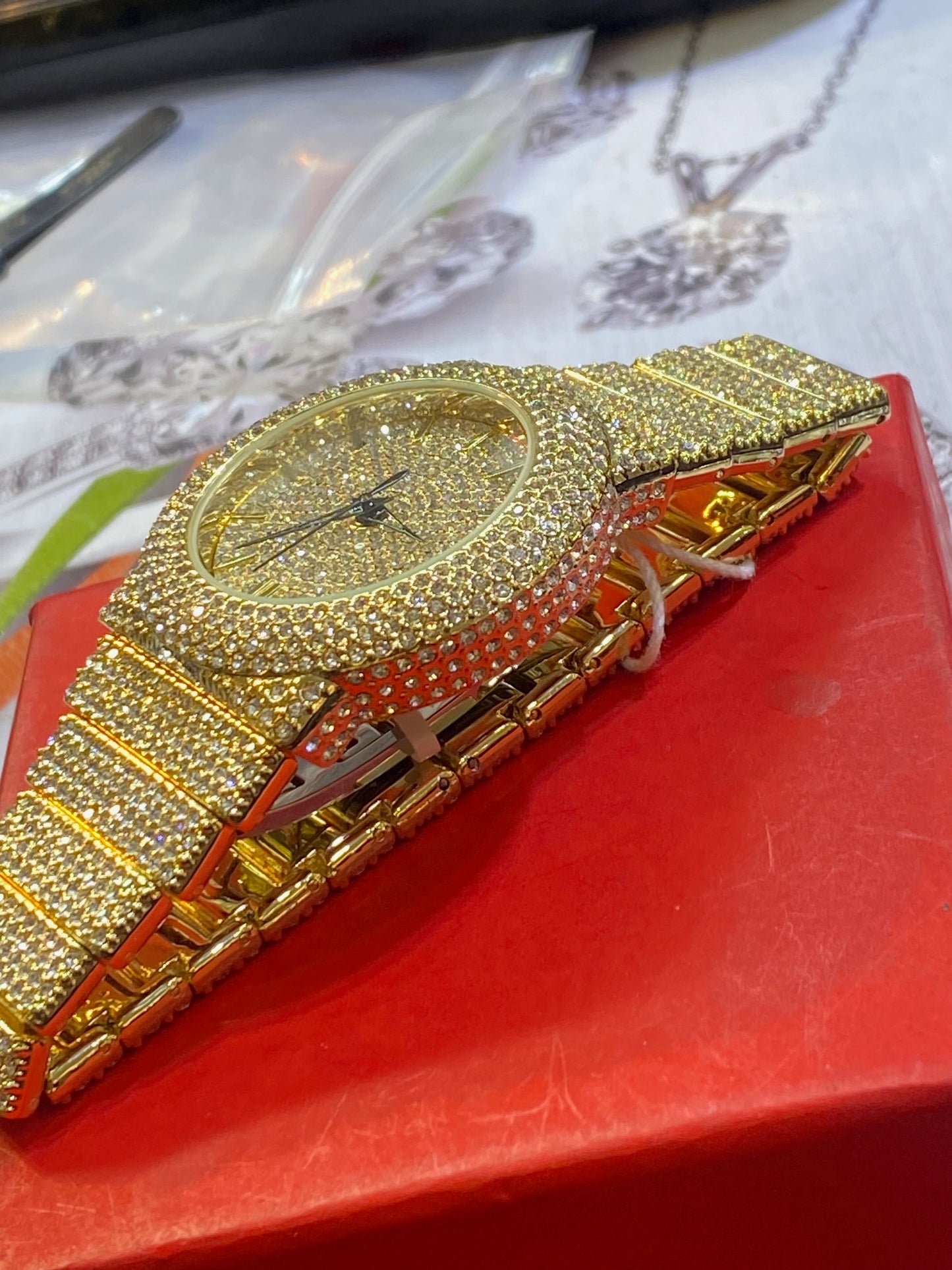 Men round Big Face Iced up Bezel CZ gold tone bling hip hop Watch