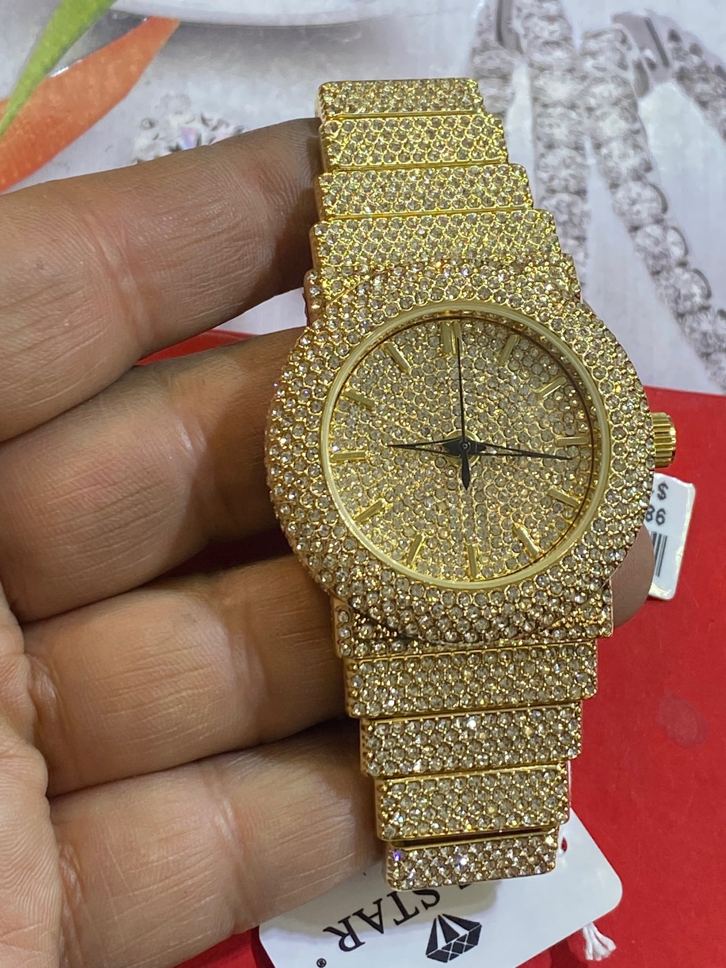 Men round Big Face Iced up Bezel CZ gold tone bling hip hop Watch