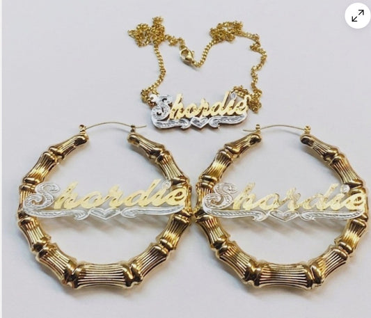 Personalized Bamboo Earrings And 3D Name Necklace Set