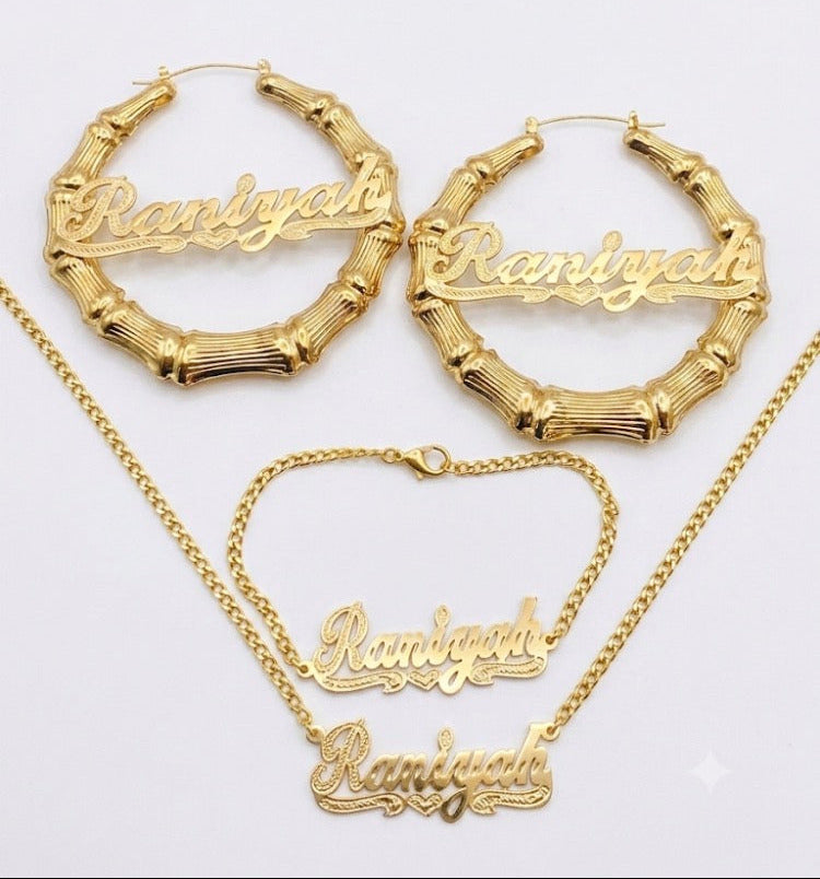 Personalized Name bamboo Earrings, Necklace & Bracelet Set  1" ,1/12", 2", 2 1/2", 3", 4"