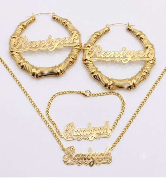 Personalized Name bamboo Earrings, Necklace & Bracelet Set  1" ,1/12", 2", 2 1/2", 3", 4"