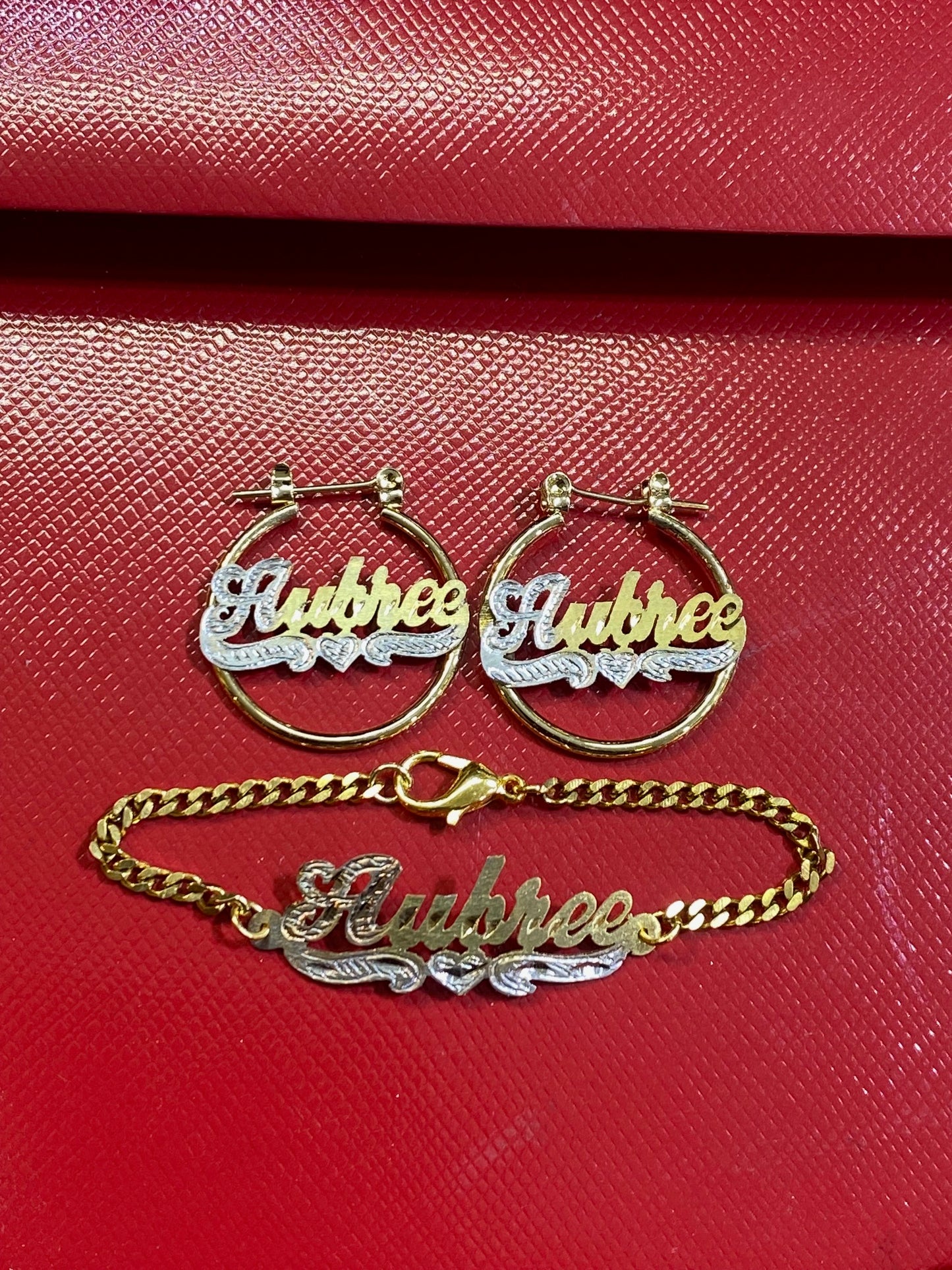 “personalized baby name hoop earrings bracelet set”