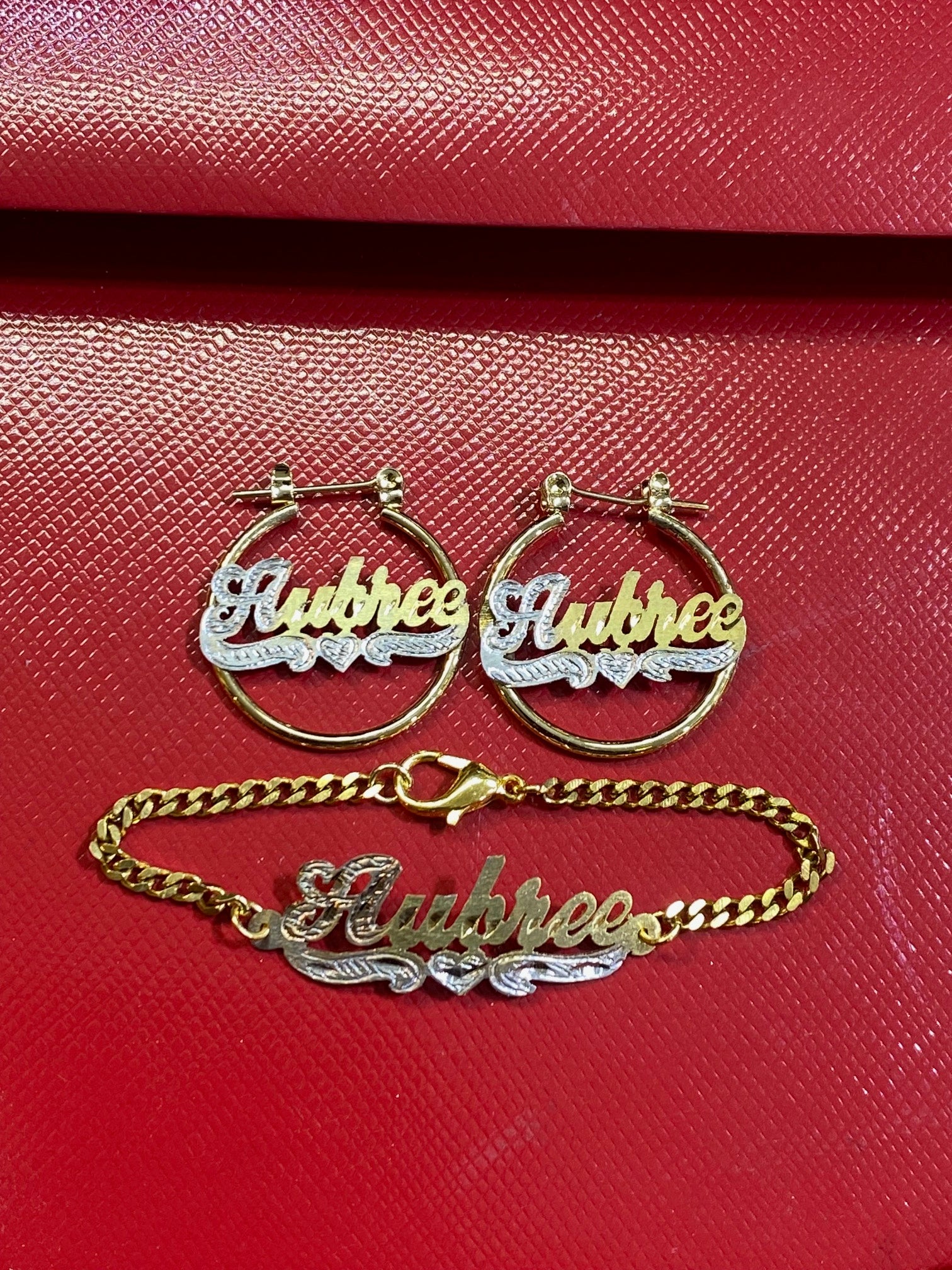 “personalized baby name hoop earrings bracelet set”