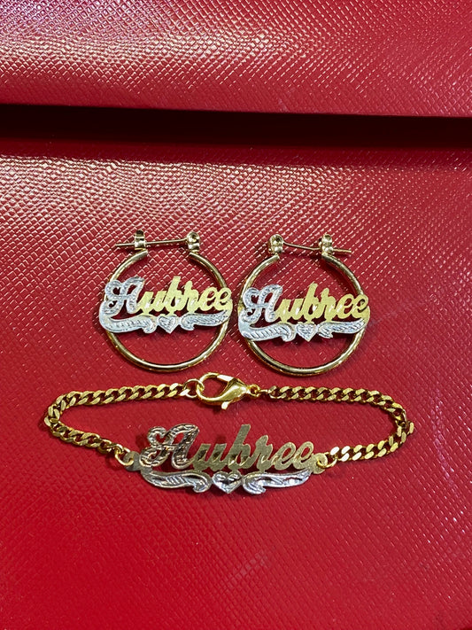 “personalized baby name hoop earrings bracelet set”