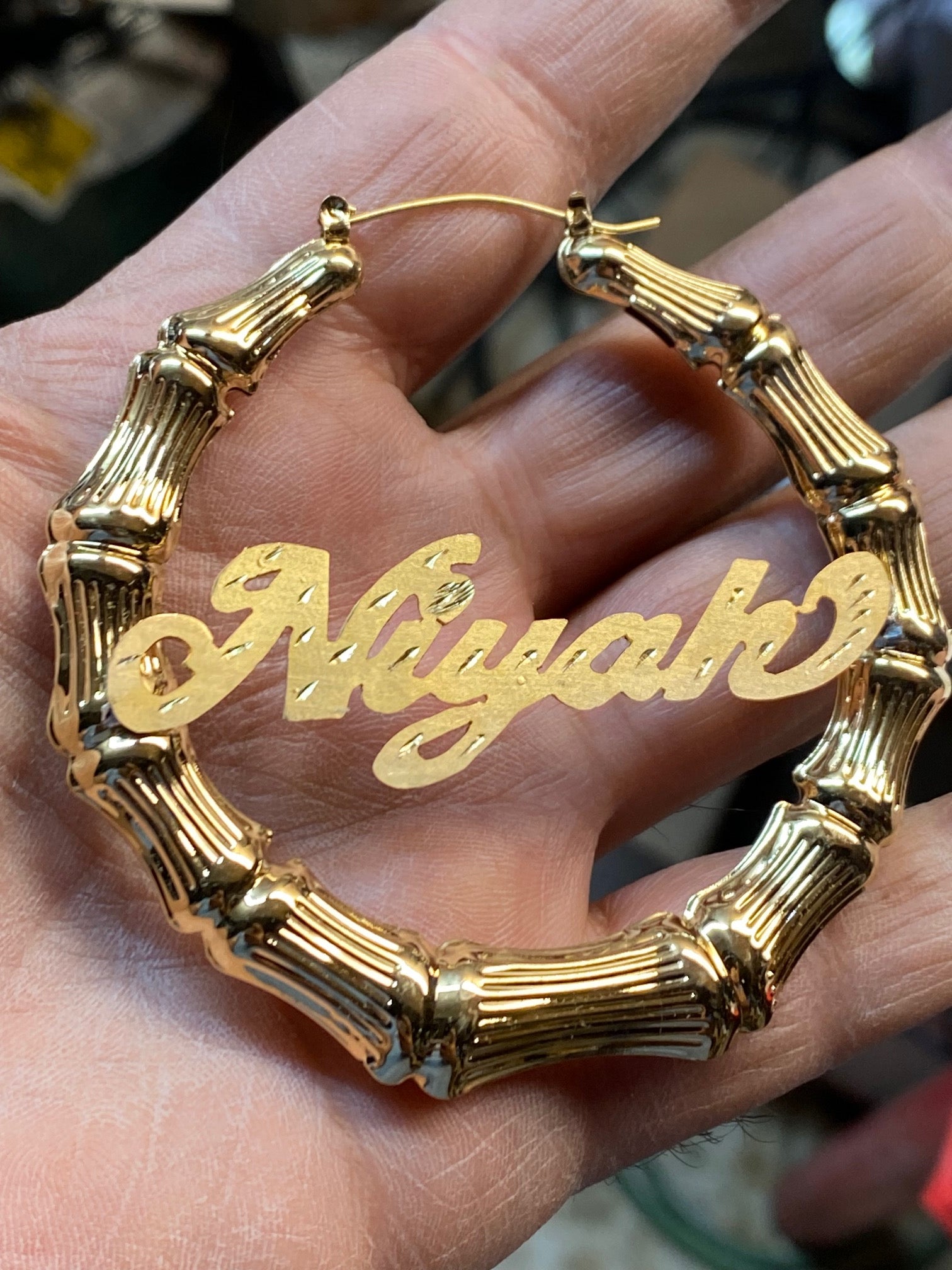 custom bamboo name earrings gold personalized hoop earrings