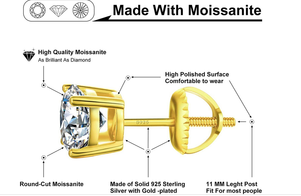 Certified D - VVS1 Moissanite Solitaire Stud Earrings Screw back gold