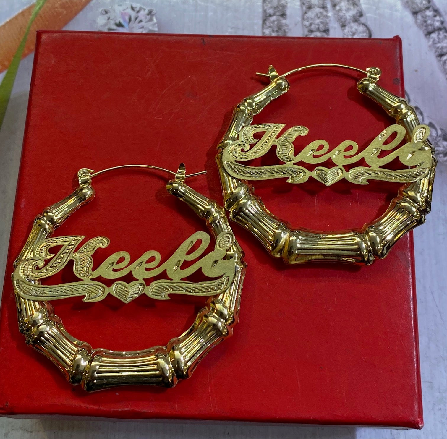 Personalized 2 inch bamboo name earrings custom name hoop jewelry gold