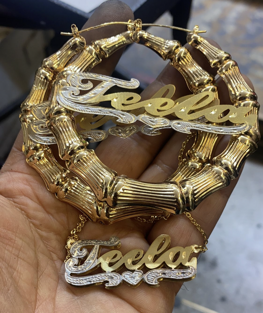 “personalized bamboo name earrings with double name necklace gold set”