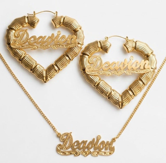 personalized heart bamboo earrings and necklace set 2 1/2 inch