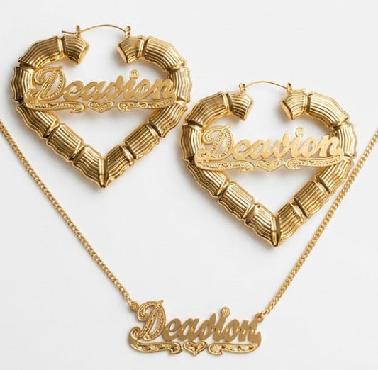 personalized heart bamboo earrings and necklace set 2 1/2 inch