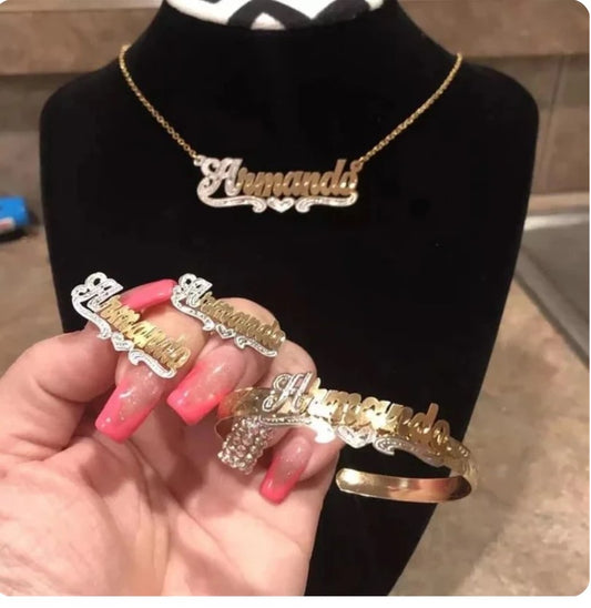 “personalized two tone name jewelry set hip hop”