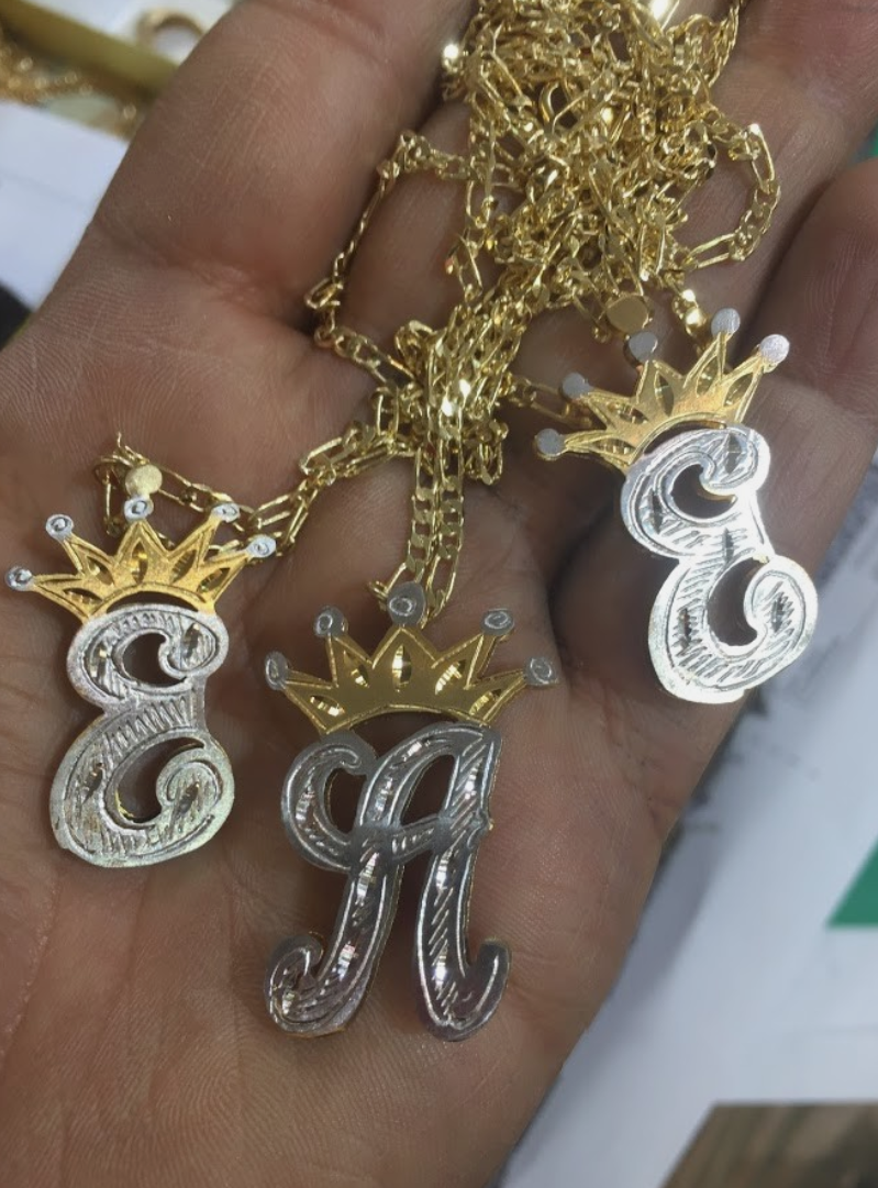 Personalized Crown Initial Name Necklace | Custom 14K Gold Overlay Nameplate Necklace 3d