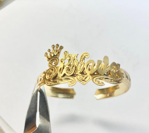 personalized 14K gold plated baby name bangle bracelet with crown