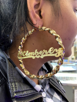 Custom twisty gold plated hoop name earrings two tone 4 inch