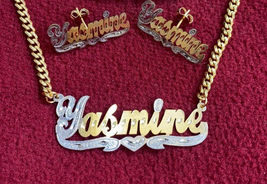 “personalized name necklace and stud earrings set”