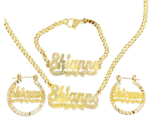 baby Personalized 14k Gold Overlay Name hoop Earrings bracelet and chain jewelry set