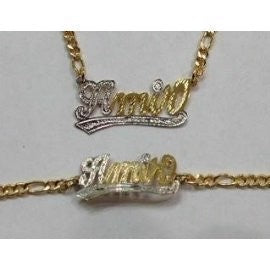 14k Gold Overlay Name Necklace bracelet set Personalized regular tail  /thick chain