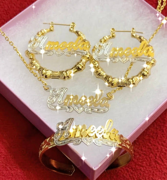 bamboo earrings  bangle name necklace set 1 1/2"