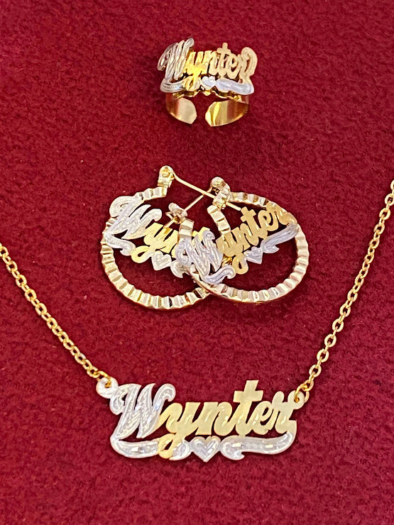 “personalized baby name necklace earrings ring set”
