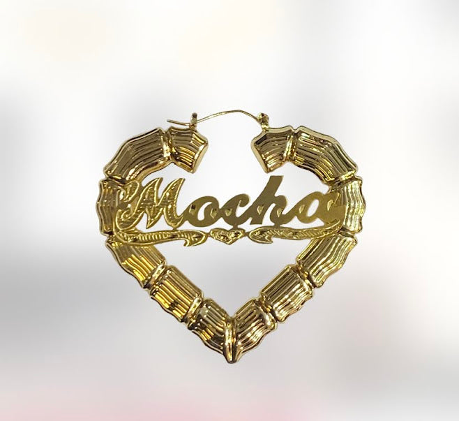 personalized bamboo heart hoop name earrings 1 1/2" or 2" or 2 1/2" or 3"