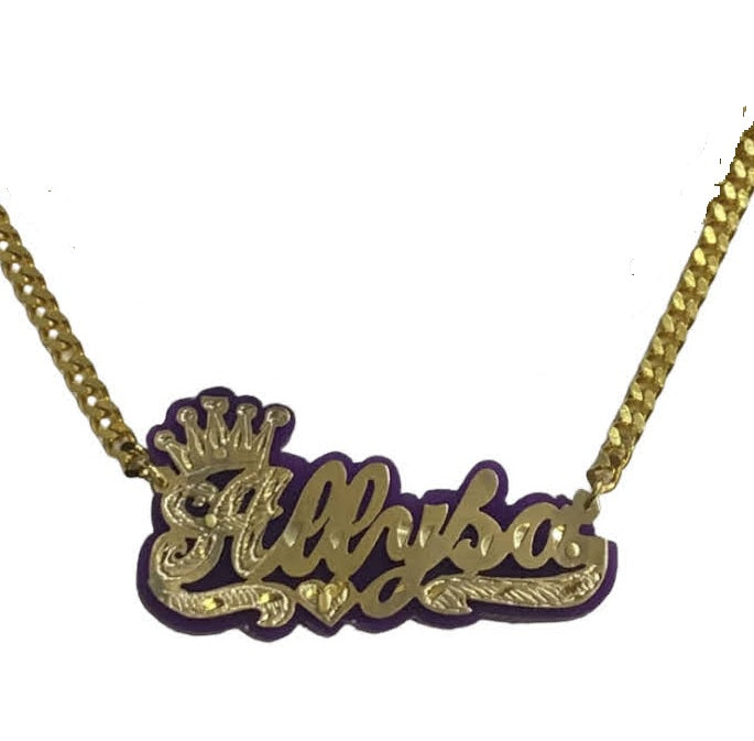 “personalized crown name necklace with onyx gold double plate”