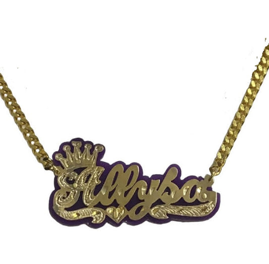 “personalized crown name necklace with onyx gold double plate”