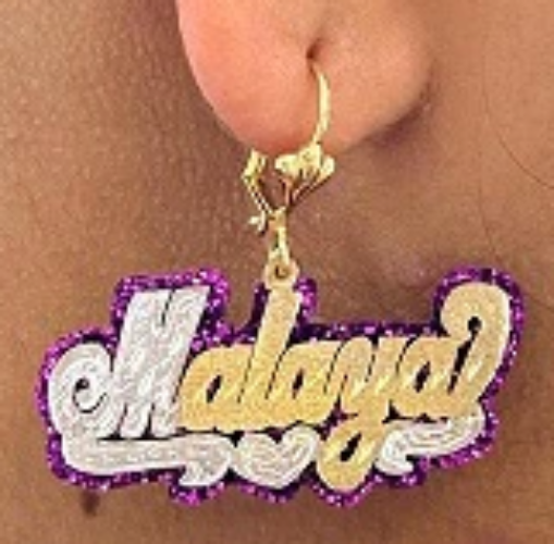 Personalized 14k Gold Overly Any Name Glitter  any Onyx Background Dangle Earrings
