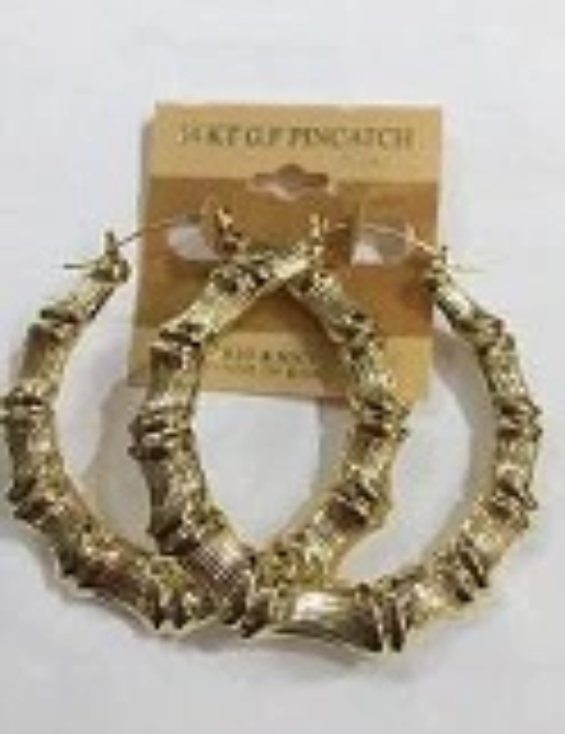 14k Gold Overlay GP NO NAME Hoop Bamboo Earrings 1"- 1 1/2"-2"-2 1/2"-3"-4"