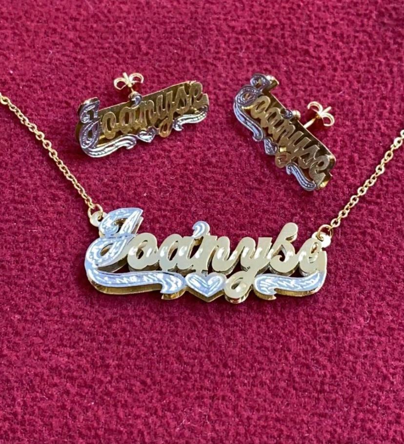 Personalized 3D Double Plate Name Necklace and stud earrings set