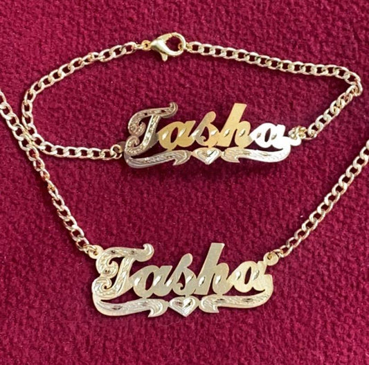 14k Gold Overlay Name Necklace bracelet set Personalized /thick chain