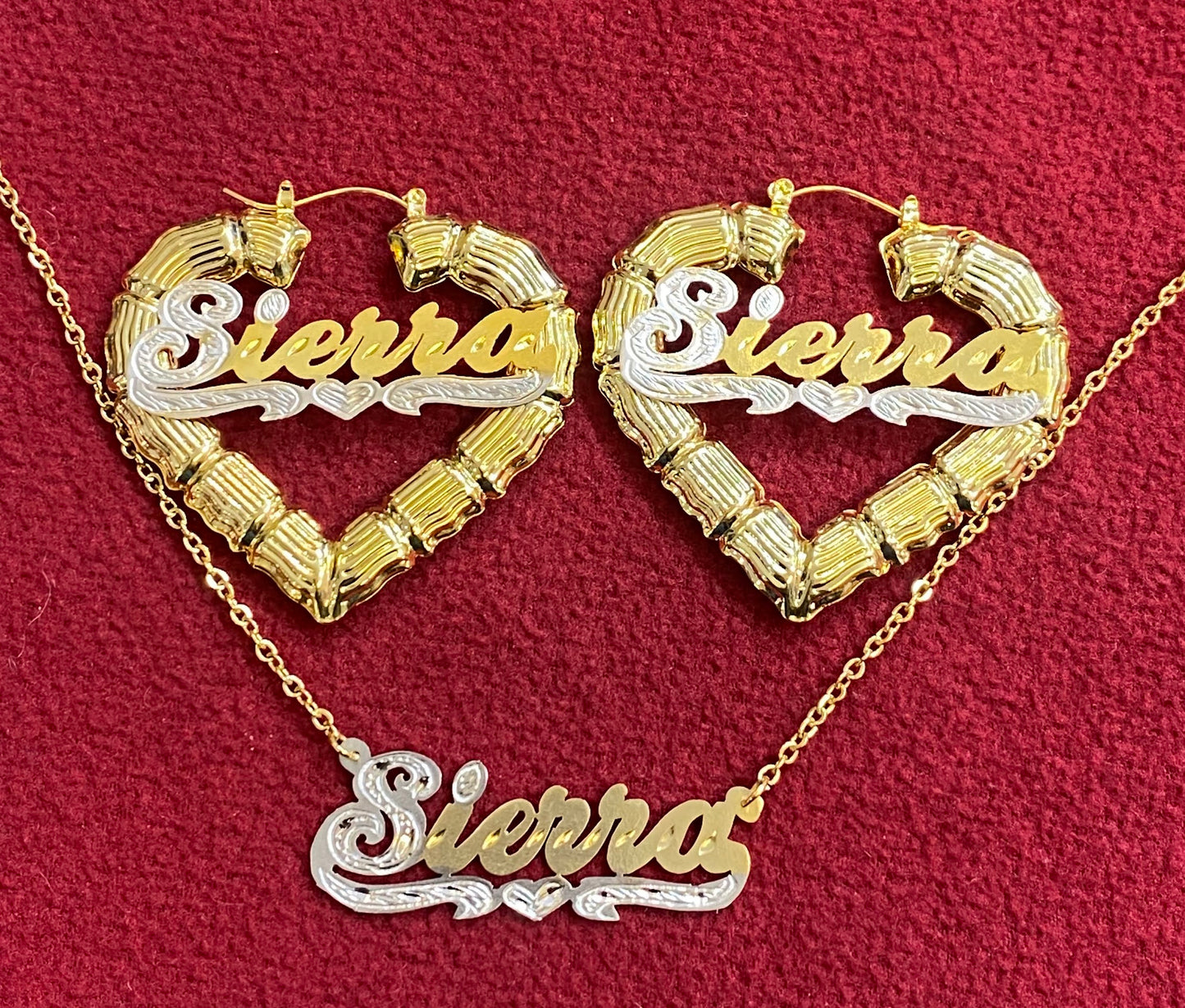1“personalized heart bamboo name earrings necklace set 1 1/2" or 2" or 2 1/2" or 3"