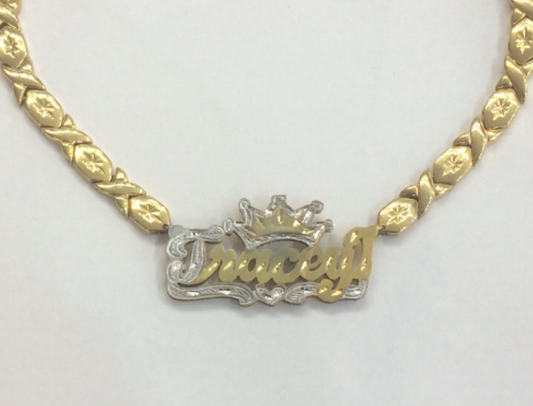 14k Gold Overlay Double Name Plate Necklace xoxo chain 3D Personalized /crown 2