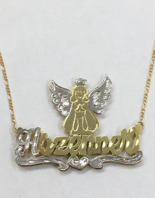 gold overlay  Double Name Plate Necklace 3D Personalized angel or any pic