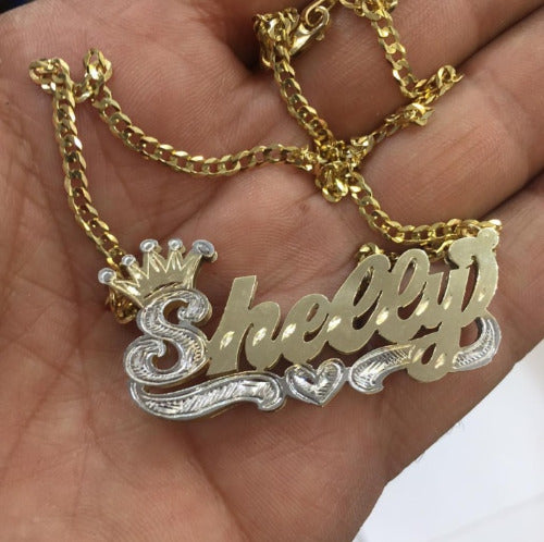 personalized 3d double plate name necklace pave script gold custom nameplate jewelry crown