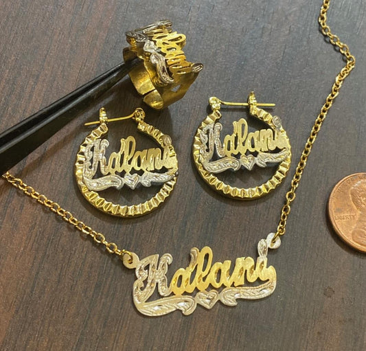 personalized baby name ring chain earring set gold custom newborn jewelry