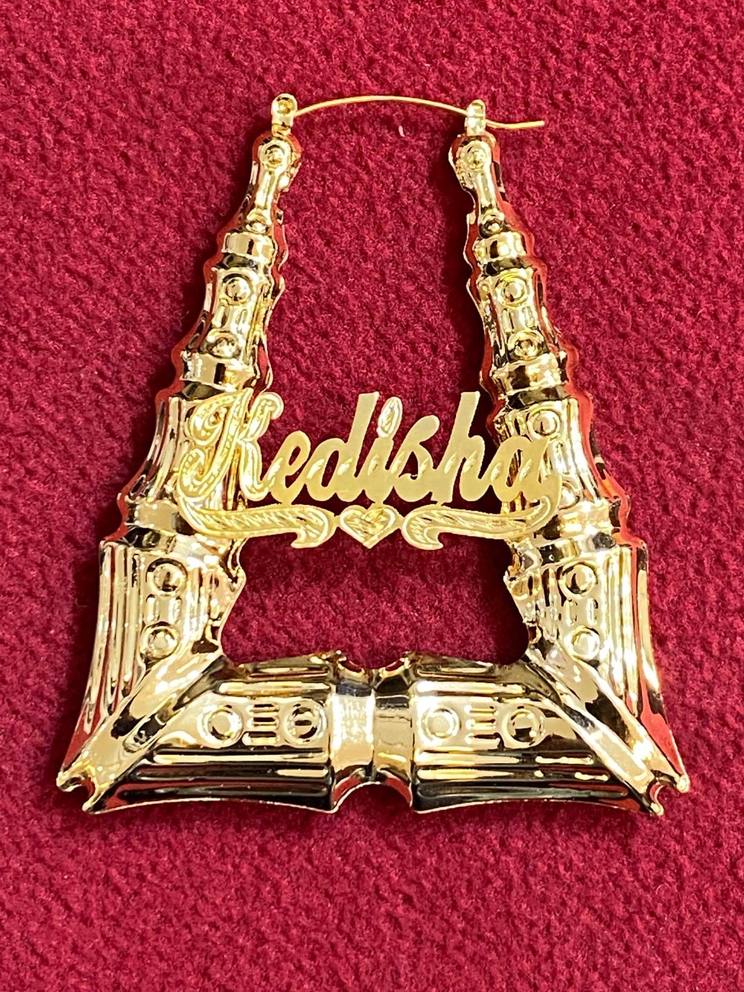 Personalized bamboo door knocker name earrings gold custom hoop jewelry 3 inch