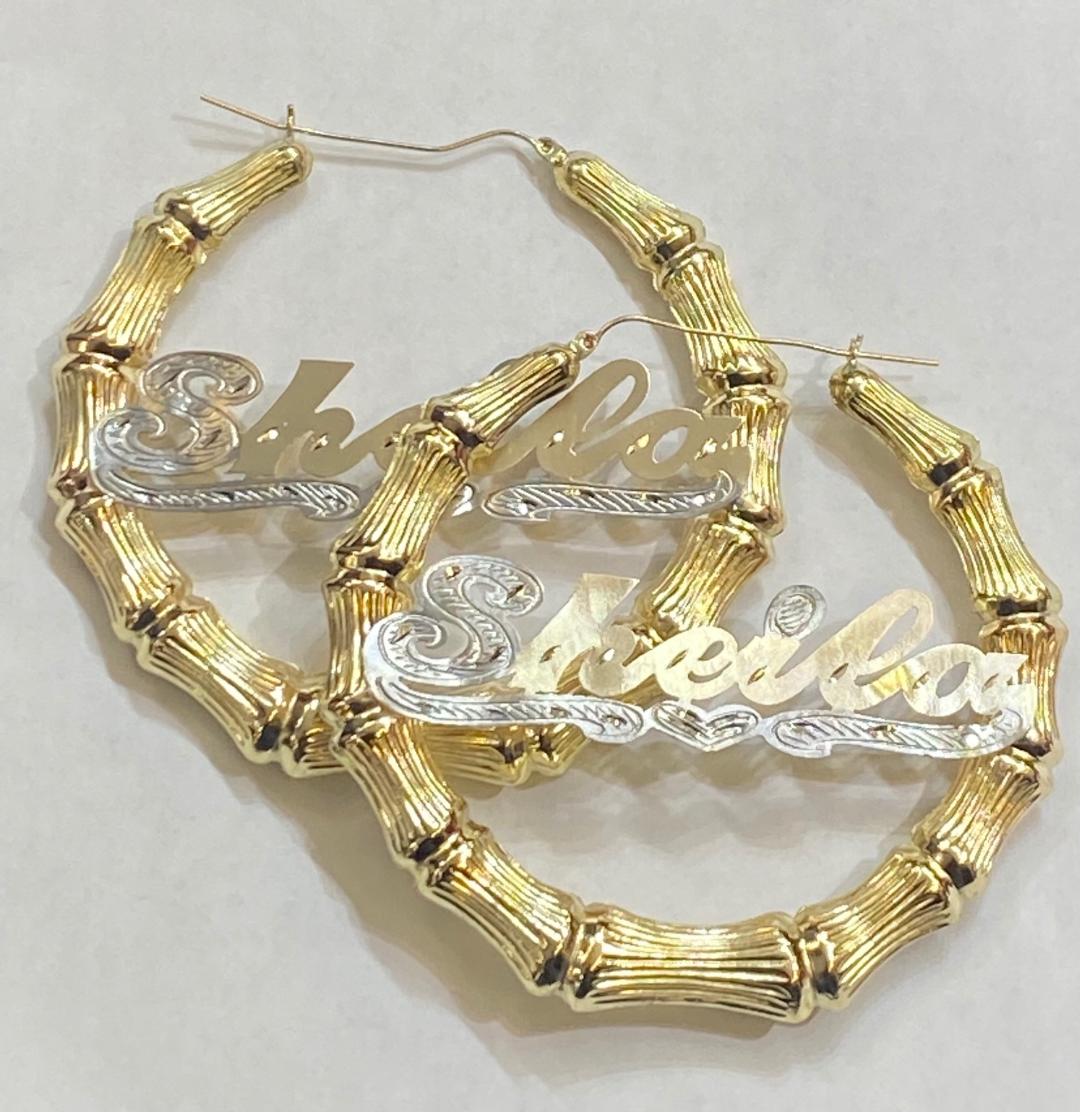 Personalized bamboo name earrings custom name hoop jewelry gold