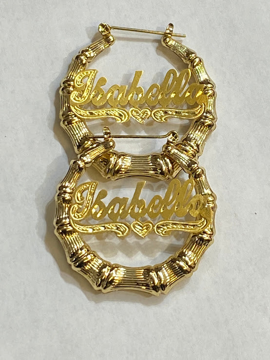 Personalized bamboo name earrings in gold 4 inch hoop custom name jewelry