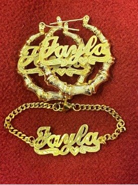 custom bamboo name earrings and bracelet set personalized gold nameplate jewelry