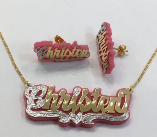 “personalized name necklace and stud earrings set”