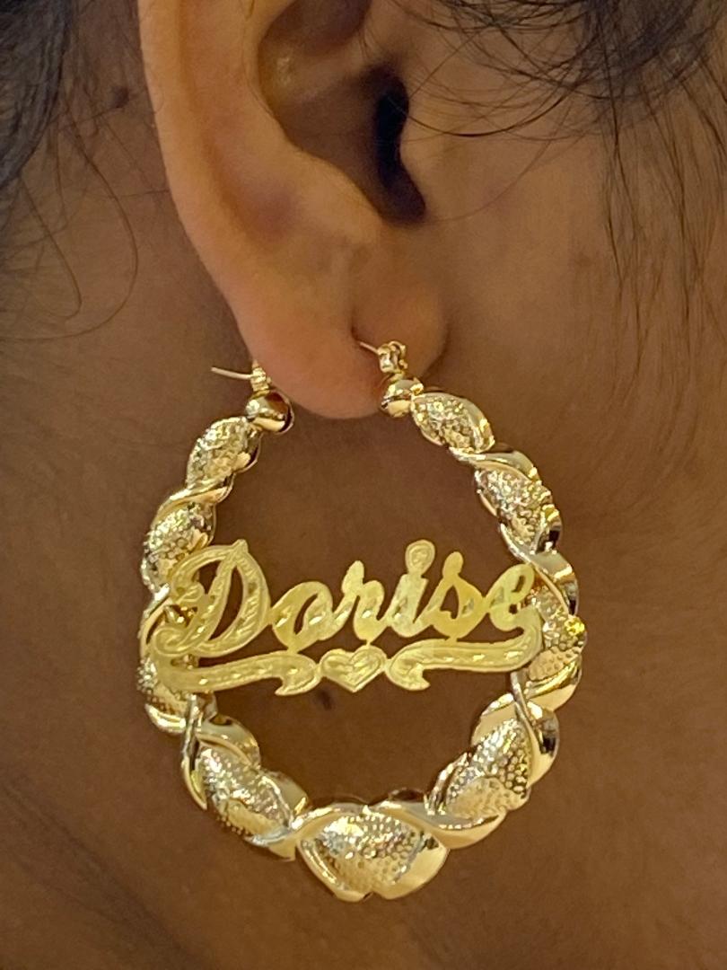 Personalized XOXO bamboo name earrings 3 inch custom large hoop jewelry gold