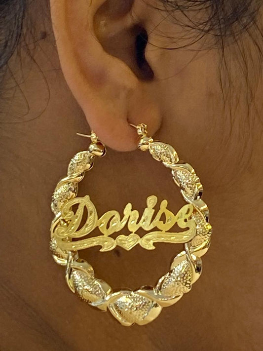 Personalized XOXO bamboo name earrings 3 inch custom large hoop jewelry gold