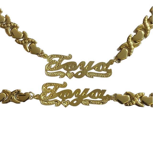 “personalized xoxo heart name necklace and bracelet set gold”