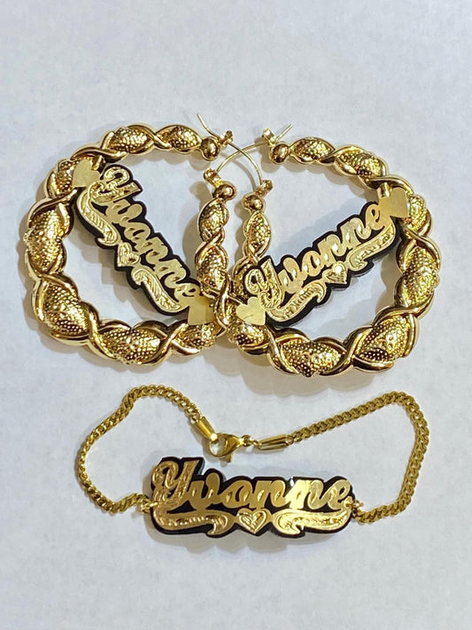personalized xoxo name hoop earrings bracelet set with onyx gold custom jewelry