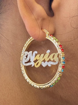 personalized Custom Name Hoop Earrings with Color Stones cz 1 1/2" or 2 1/2"