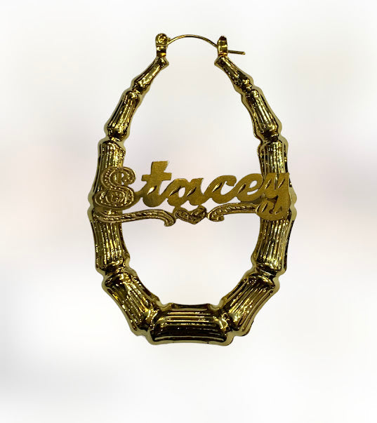 personalized bamboo name earrings oval